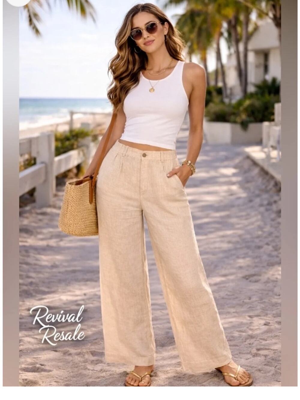 Lands' End Linen Wide Leg Pants Cream Tan 14 Petite